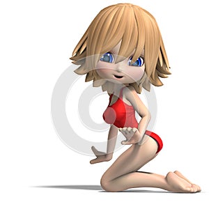 Beautiful cartoon girl in a onepiece swimsuit. 3D