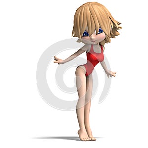 Beautiful cartoon girl in a onepiece swimsuit. 3D