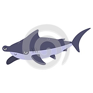 Beautiful cartoon illustration with colorful sea animals hummerhead shark on white background for print design. Kid