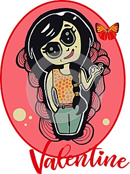 Beautiful cartoon illustration of cute girl and butterfly for valentine greeting card.cdr