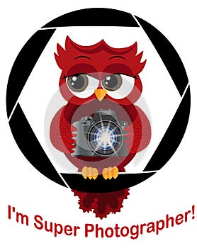 A beautiful cartoon red owl with a camera sits on the camera\'s diaphragm. Concept photography, vocations, photo business