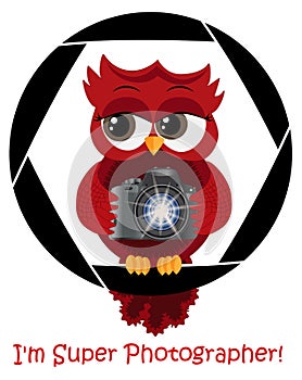 A beautiful cartoon red owl with a camera sits on the camera\'s diaphragm. Concept photography, vocations, photo business