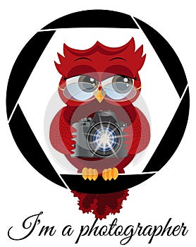 A beautiful cartoon red owl with a camera sits on the camera\'s diaphragm. Concept photography, vocations, photo business