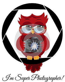 A beautiful cartoon red owl with a camera sits on the camera\'s diaphragm. Concept photography, vocations, photo business