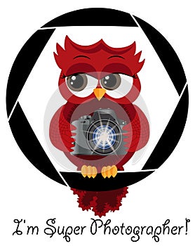 A beautiful cartoon red owl with a camera sits on the camera\'s diaphragm. Concept photography, vocations, photo business