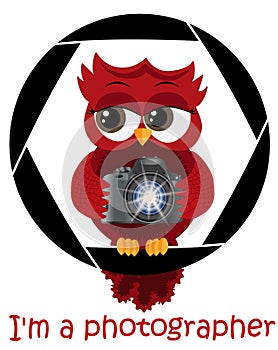 A beautiful cartoon red owl with a camera sits on the camera\'s diaphragm. Concept photography, vocations, photo business