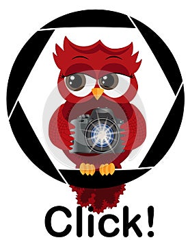 A beautiful cartoon red owl with a camera sits on the camera\'s diaphragm. Concept photography, vocations, photo business