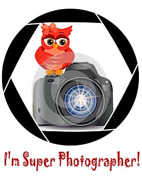 Beautiful cartoon red owl sits on the button Start the camera in the frame of the camera's aperture. Concept photography,