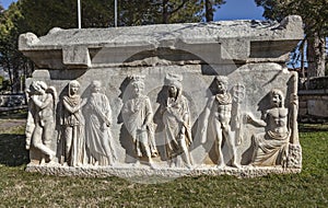 Beautiful carved sarcophagus with Mercury leading the souls in Aphrodisias, Geyre, Caria, Turkey photo