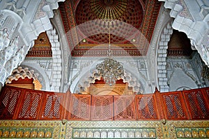 Beautiful carved wood ceiling in the interior of the Hassan II Mosque in Casablanca