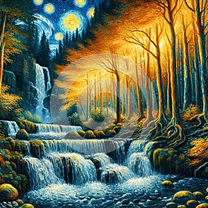 The beautiful cascade waterfalls, surrounded by the tree, in a beautiful forest, wildplants, Van Gogh, painting art photo