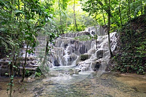 Beautiful Cascading Waterfall at Palenque Mayan Ruins in Mexico