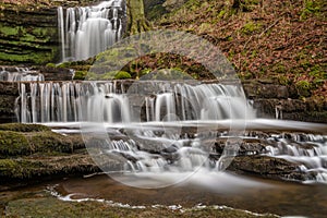 Beautiful Cascading Waterfall In Peaceful Woodland Setting.