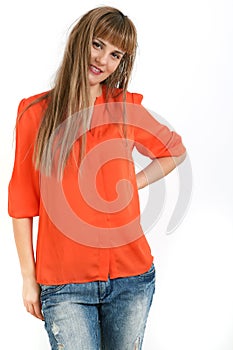 Beautiful casual woman smiling - isolated over a white background