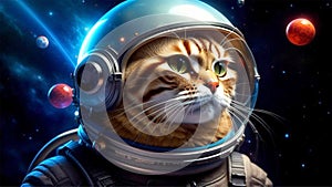 Beautiful cat astronaut in a space suit and helmet dreaming of life amongst the stars.