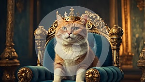 Beautiful cat in a crown a throne funny gold