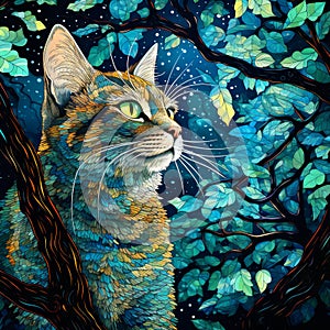 Beautiful Cat in the forest painting.