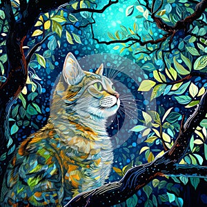 Beautiful Cat in the forest painting.