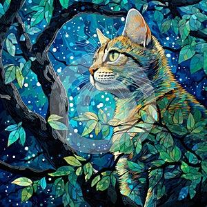 Beautiful Cat in the forest painting.