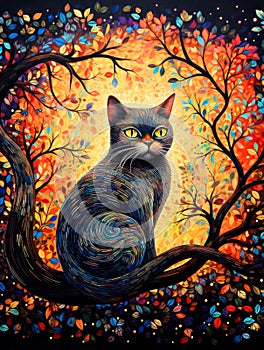 Beautiful Cat in the forest painting.