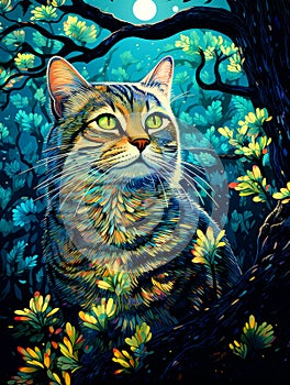 Beautiful Cat in the forest painting.