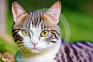Beautiful cat with green eyes on the background of green leaves. Generative AI