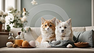 Beautiful cat and puppy dog. Pet love and companionship concept. Animals idea.