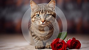 Beautiful Cat with Red Rose: Stunning Feline Portrait with Flower.