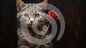 Beautiful Cat with Red Rose: Stunning Feline Portrait with Flower.