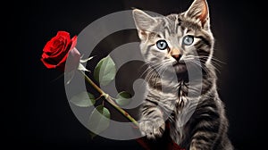 Beautiful Cat with Red Rose: Stunning Feline Portrait with Flower.