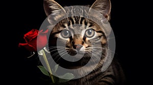 Beautiful Cat with Red Rose: Stunning Feline Portrait with Flower.