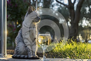 Hermoso gato es un más cercano vaso vino blanco en naturaleza 