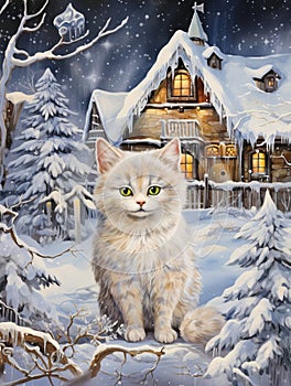 Beautiful Cat and Snow-Covered Cottage Watercolor Painting