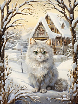 Beautiful Cat and Snow-Covered Cottage Watercolor Painting