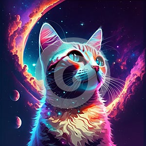 Beautiful cat in space. Vector illustration of a cat in outer space. AI Generated