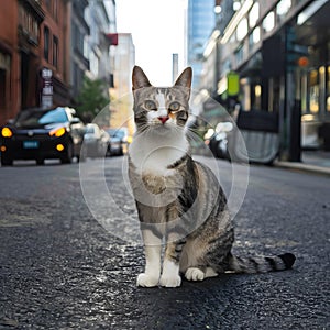 Beautiful cat strikes pose on urban street, exuding elegance and grace