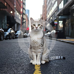 Beautiful cat strikes pose on urban street, exuding elegance and grace