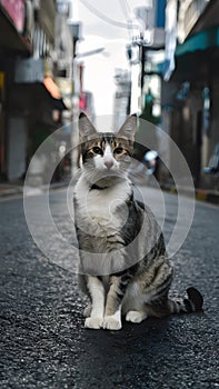 Beautiful cat strikes pose on urban street, exuding elegance and grace