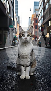 Beautiful cat strikes pose on urban street, exuding elegance and grace