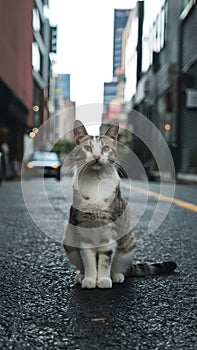 Beautiful cat strikes pose on urban street, exuding elegance and grace