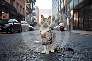 Beautiful cat strikes pose on urban street, exuding elegance and grace