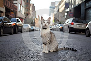 Beautiful cat strikes pose on urban street, exuding elegance and grace