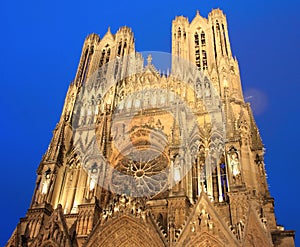 Beautiful cathedral of Reims in the evening