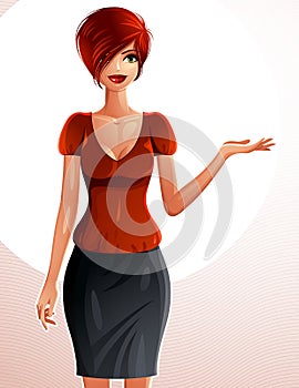 Beautiful Caucasian businesswoman, full-length portrait. Colorful drawing of a cute slender girl with modern makeup and hairstyle