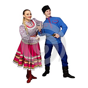 Beautiful caucasian cuple dancing in Russian folk costumes isolated on white
