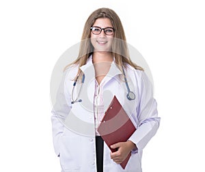 Beautiful caucasian doctor wear white suit with blue stethoscope