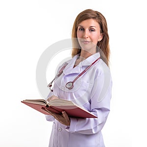 Beautiful caucasian doctor wear white suit and reading the book