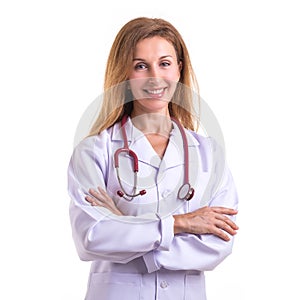 Beautiful caucasian doctor wear white suit with red stethoscope