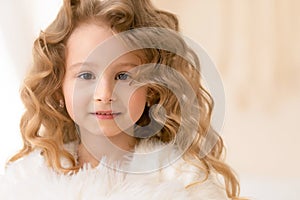 beautiful caucasian girl with long curly white hair, brown eyes. human, child emotions