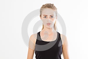 Beautiful caucasian woman in blank t shirt isolated on white background. Perfect Skin care and young female face. Copy space